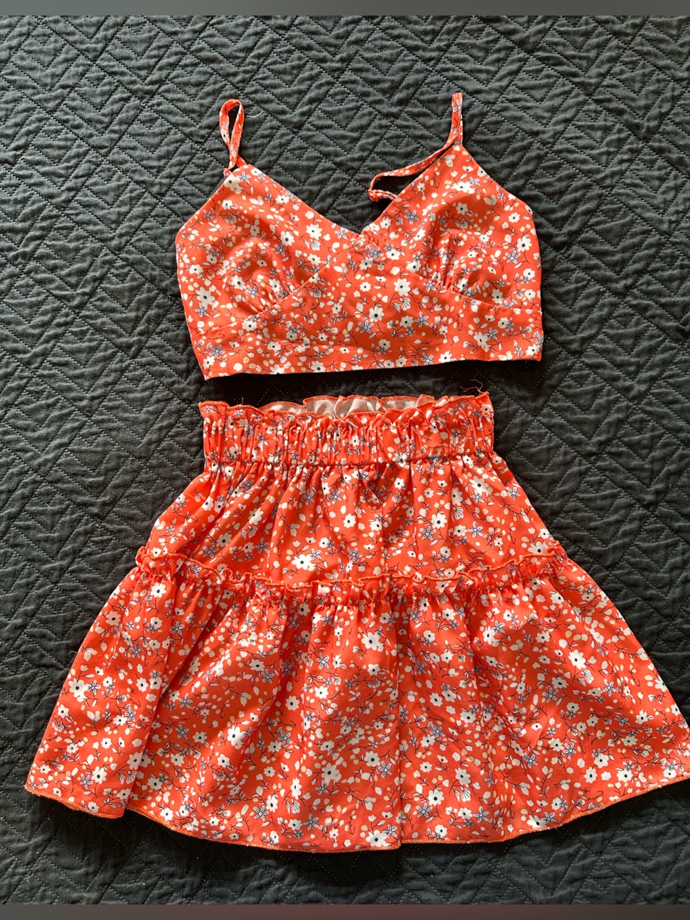 SHEIN Orange Floral Crop Top and Skirt Set